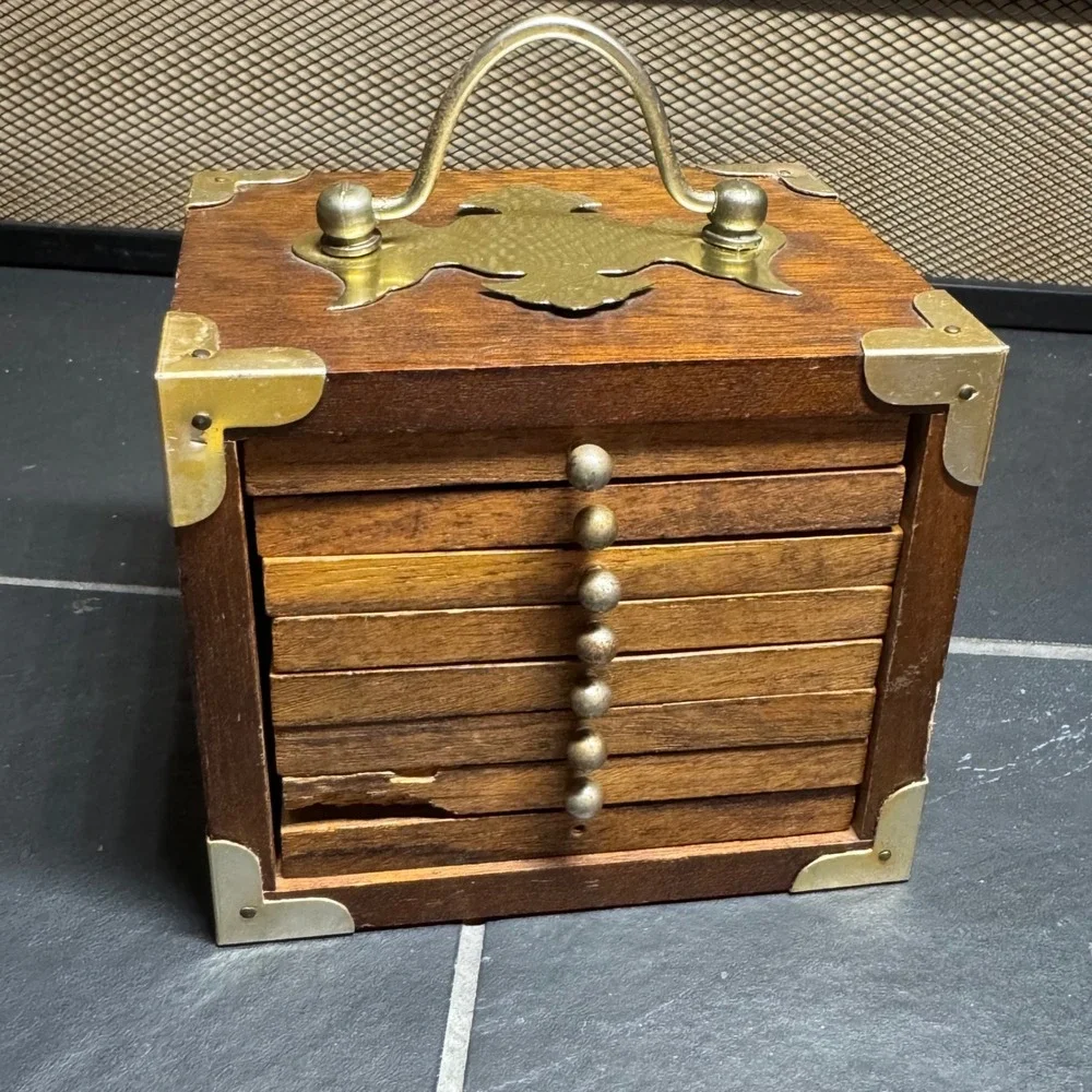 Vintage Wood Brass Campaign Style Coaster Set 8 Piece Miniature Trunk Chest MCM